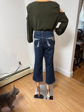 Dark Blue Women's Cropped Flare Jeans - Distressed Back Pockets